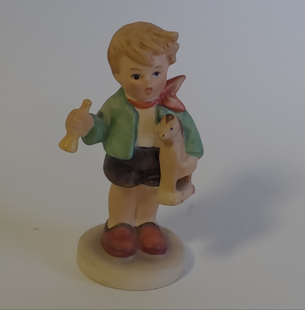 Vintage Hummel Boy With Horse 139/C Rocking Horse Trumpet c. 1967 Red Green Blue